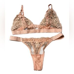 Lounge pink and gold foil lace bra and thong | medium